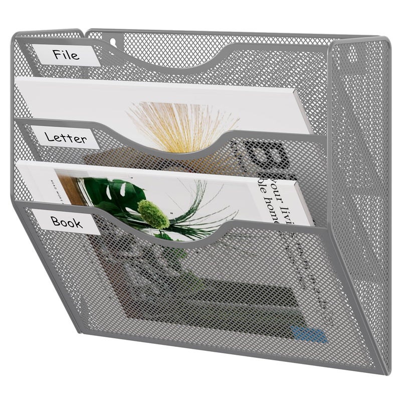 EasyPAG 3 Pocket Mesh Wall File Organizer, Hanging Paper Folder Holder with Classify Label, Vertical Wall Mount Mail Organizer for Office Home Classroom, Silver - Image 1